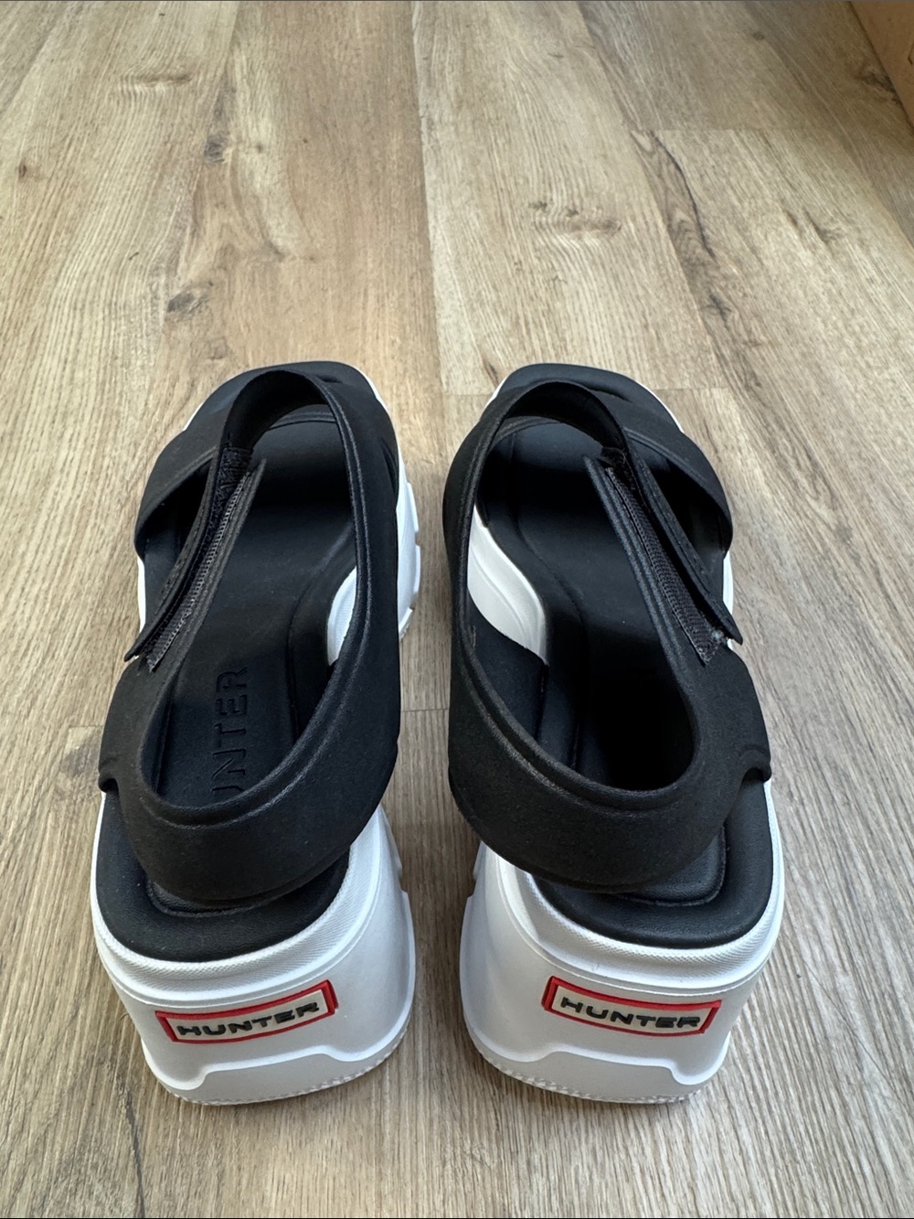 Hunter Black & White Platform Slingback Sandals with Logo
